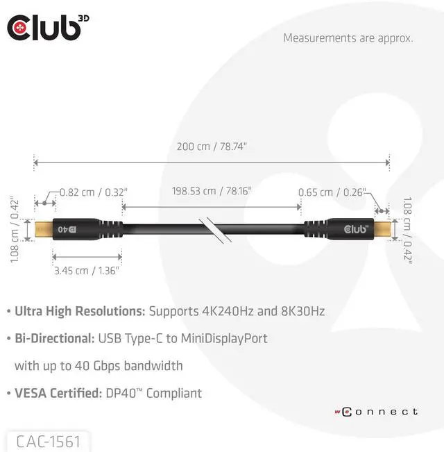 Alt view image 3 of 4 - Club 3D AMZ-1561 DP40 Mini Displayport to USB Type C Cable M/M 2m/6.56ft