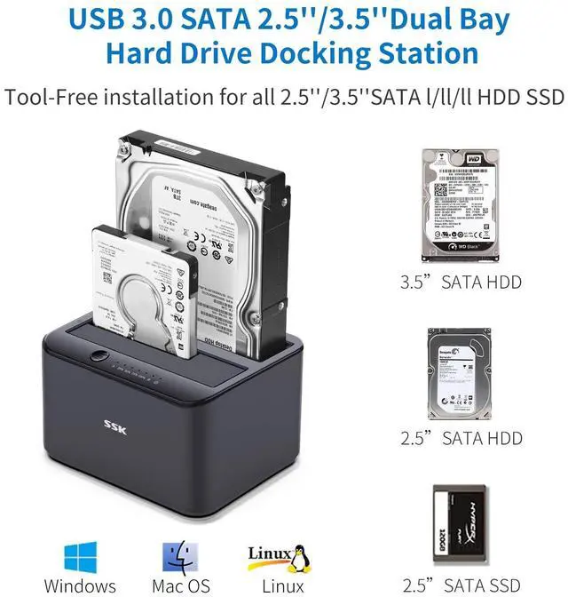 Alt view image 2 of 5 - SSK Aluminum Hard Drive Docking Station, USB 3.0 to SATA Dual Bay External HDD Dock Caddy Reader for 2.5 & 3.5 inch SATA HDD SSD, with UASP Offline Cloner/Duplicator Function (2x20TB Supports) Black