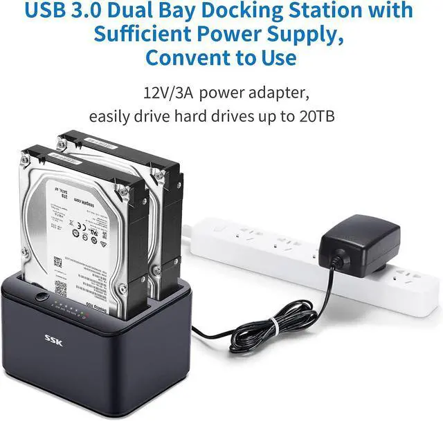 Alt view image 5 of 5 - SSK Aluminum Hard Drive Docking Station, USB 3.0 to SATA Dual Bay External HDD Dock Caddy Reader for 2.5 & 3.5 inch SATA HDD SSD, with UASP Offline Cloner/Duplicator Function (2x20TB Supports) Black