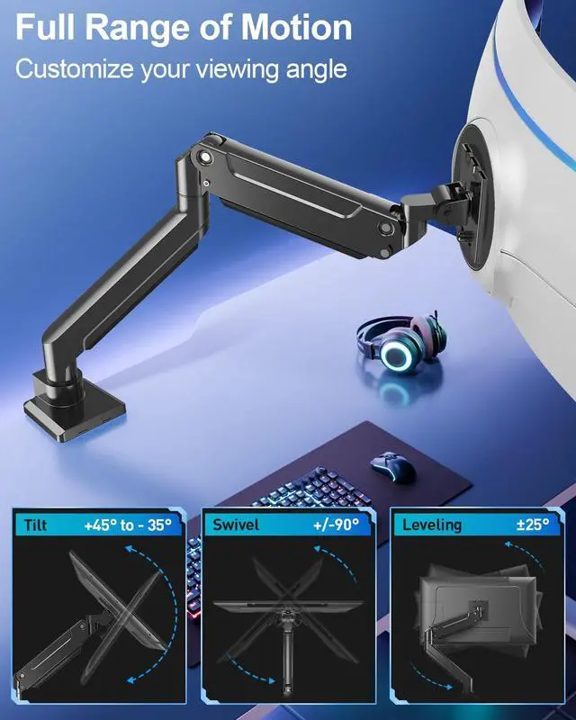 Alt view image 3 of 5 - MOUNT PRO Heavy Duty Monitor Arm for Max 49 Inch Ultrawide Screens up to 44 lbs, Aluminum Premium Single Monitor Mount for Samsung Odyssey G9 and More, Adjustable Display Desk Stand, VESA 100x100mm