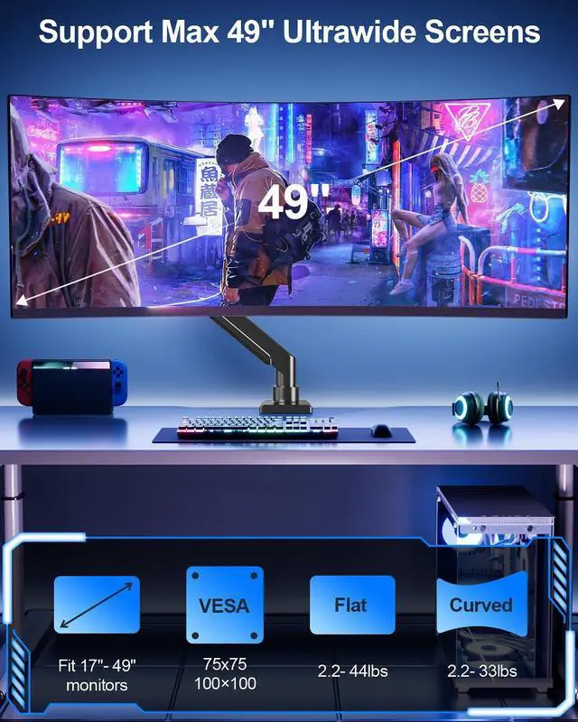 Alt view image 4 of 5 - MOUNT PRO Heavy Duty Monitor Arm for Max 49 Inch Ultrawide Screens up to 44 lbs, Aluminum Premium Single Monitor Mount for Samsung Odyssey G9 and More, Adjustable Display Desk Stand, VESA 100x100mm