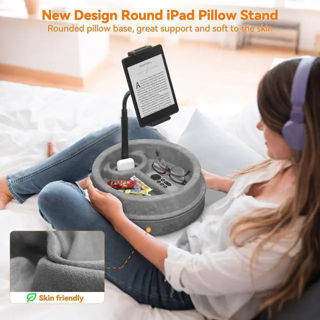Alt view image 3 of 5 - KDD Tablet Pillow Stand for Lap, Multi-Angle iPad Stand with Storage Tray - 360° Rotating Clip Gooseneck Tablet Soft Pad Dock for Bed and Desk Compatible with iPad Pro 12.9, Air Mini, Phone, E-Reader