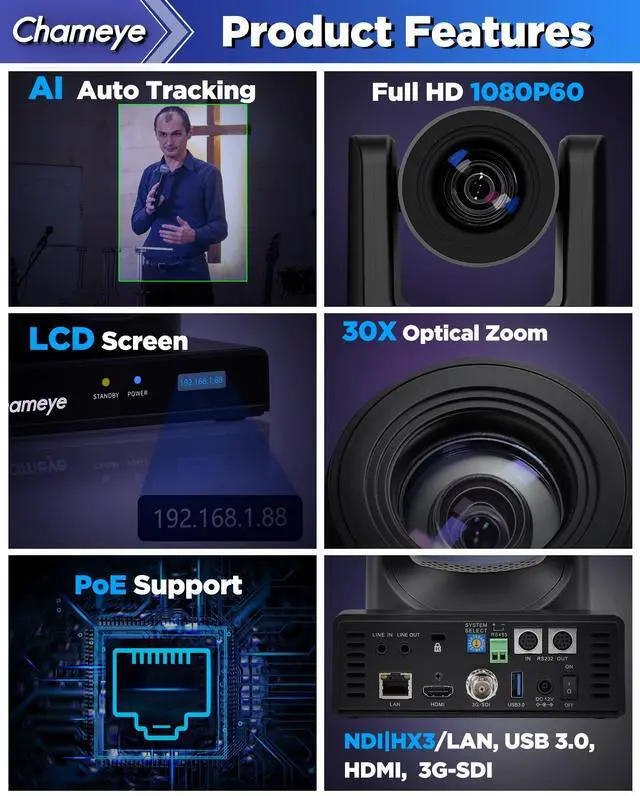 Alt view image 2 of 5 - Chameye NDI PTZ Camera 30x Optical Zoom AI Auto Tracking 1080P 60fps with 3G-SDI IP PoE HDMI PTZ Camera for Church Worship Live Streaming Education Events, C730N (NDI HX3 Certified)