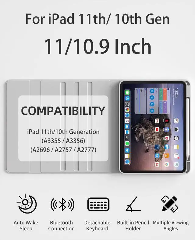 Alt view image 2 of 5 - GKABXY Keyboard Case for iPad (A16) 11th Gen 11 inch 2025 & iPad 10th Gen 10.9 inch 2022,7-Color Backlit Wireless Bluetooth Keyboard,Soft TPU Back Shell with Pencil Holder, Auto Sleep/Wake (Gray)