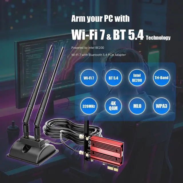 Alt view image 2 of 5 - GLOTRENDS WiFi 7 PCIe Card with 2-Meter Extension Antenna for Desktop PC, Intel BE200NGW, Only Compatible with Windows 11 24H2 or Above Version (Not Support AMD Motherboard)
