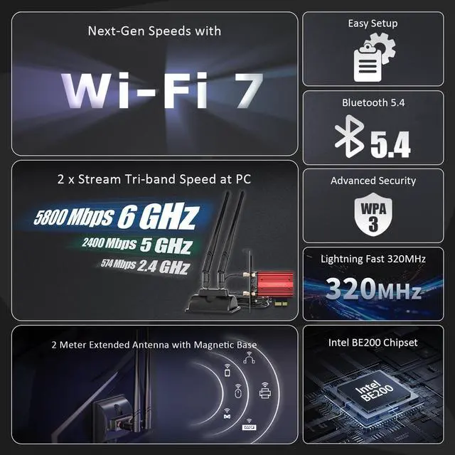 Alt view image 3 of 5 - GLOTRENDS WiFi 7 PCIe Card with 2-Meter Extension Antenna for Desktop PC, Intel BE200NGW, Only Compatible with Windows 11 24H2 or Above Version (Not Support AMD Motherboard)