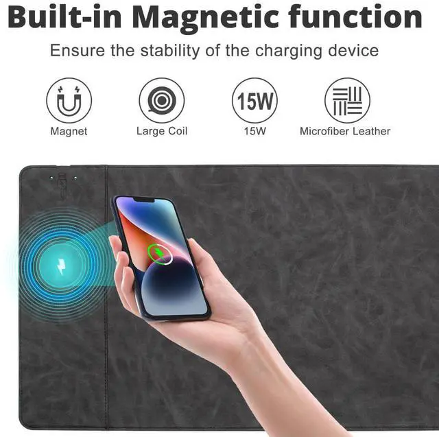 Alt view image 2 of 5 - Magnetic 15W Fast Wireless Charging Desk Pad, 35.4"x16.8" Extra Large Mouse Pad, Microfiber Leather Office Desk Mat, Waterproof and Scratch-Resistant Mouse Mat for Office and Home Use, Grey Color
