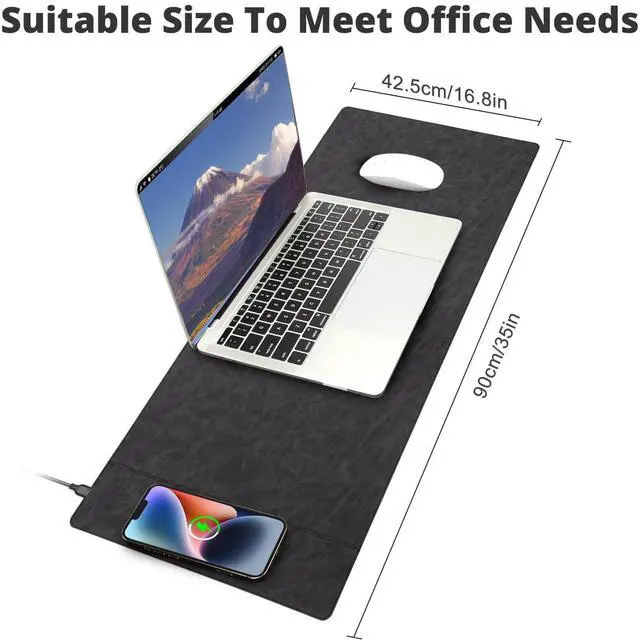 Alt view image 4 of 5 - Magnetic 15W Fast Wireless Charging Desk Pad, 35.4"x16.8" Extra Large Mouse Pad, Microfiber Leather Office Desk Mat, Waterproof and Scratch-Resistant Mouse Mat for Office and Home Use, Grey Color