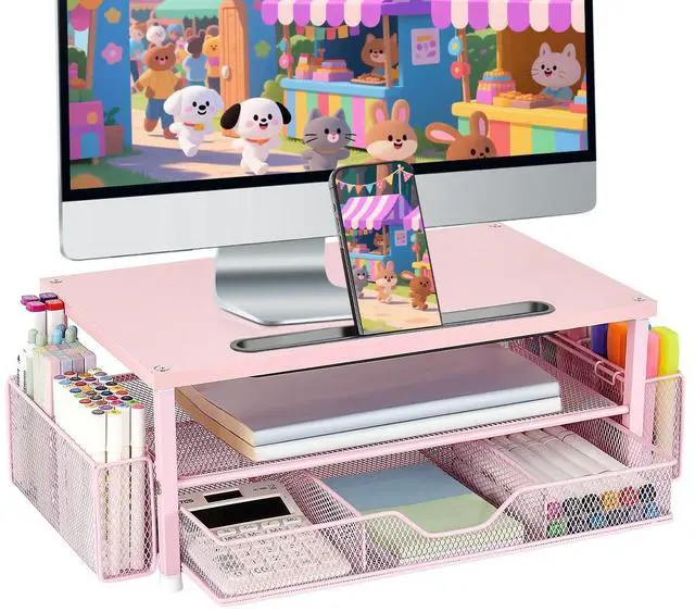 Main image of Pink Desk Organizers and Accessories, 2-Tier Wood Computer Monitor Stand with Drawer, Pen Storage & Tablet Phone Holder, Office Desk Accessories, Workspace Desktop Organization for Office Supplies