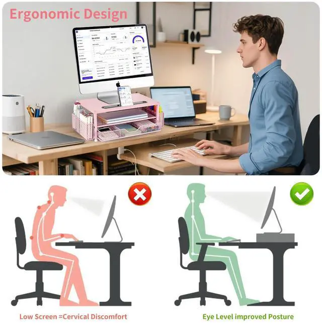 Alt view image 2 of 5 - Pink Desk Organizers and Accessories, 2-Tier Wood Computer Monitor Stand with Drawer, Pen Storage & Tablet Phone Holder, Office Desk Accessories, Workspace Desktop Organization for Office Supplies