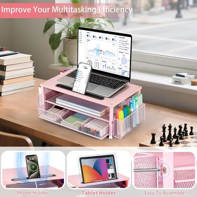 Alt view image 3 of 5 - Pink Desk Organizers and Accessories, 2-Tier Wood Computer Monitor Stand with Drawer, Pen Storage & Tablet Phone Holder, Office Desk Accessories, Workspace Desktop Organization for Office Supplies