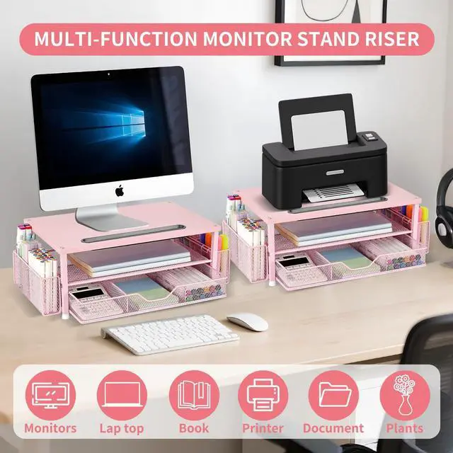 Alt view image 4 of 5 - Pink Desk Organizers and Accessories, 2-Tier Wood Computer Monitor Stand with Drawer, Pen Storage & Tablet Phone Holder, Office Desk Accessories, Workspace Desktop Organization for Office Supplies
