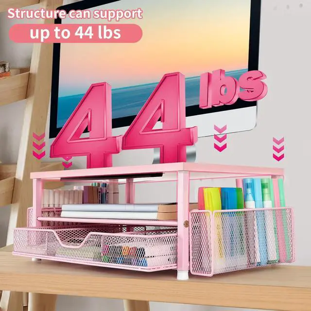 Alt view image 5 of 5 - Pink Desk Organizers and Accessories, 2-Tier Wood Computer Monitor Stand with Drawer, Pen Storage & Tablet Phone Holder, Office Desk Accessories, Workspace Desktop Organization for Office Supplies