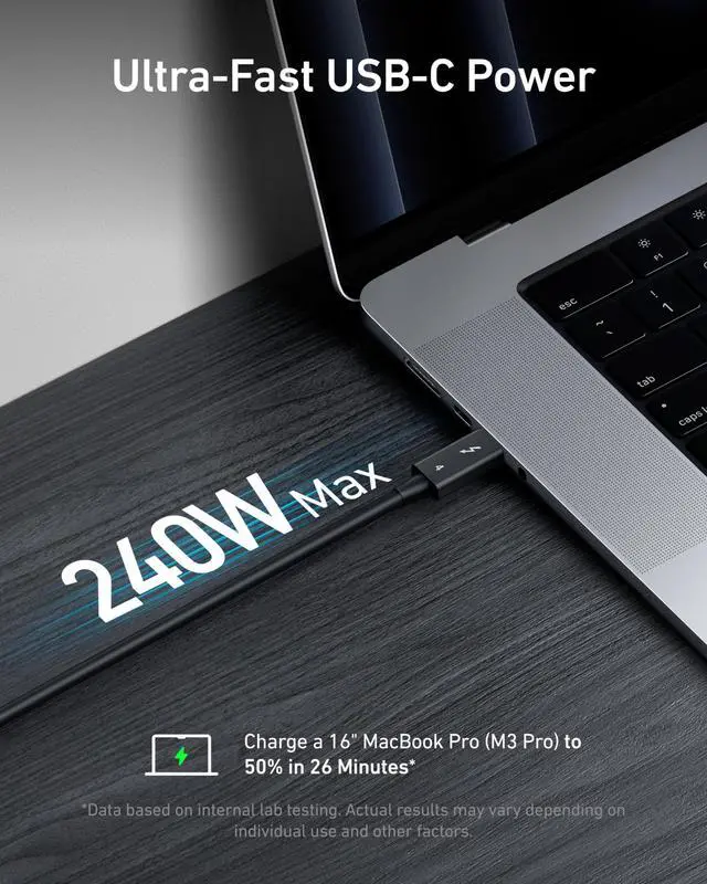 Alt view image 4 of 5 - Anker Thunderbolt 4 Certified USB C to USB C Cable, 8K/4K Display/40Gbps Compatible with USB4, Thunderbolt 4/3, for MacBook, iPhone 16(240W, 2.3FT)