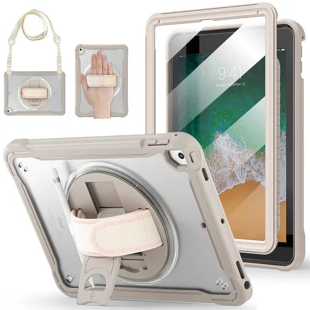 Main image of BRAECNstock Case for iPad 6th/5th Generation 9.7 inch 2018/2017,ipad Air 2nd Generation & Pro 9.7 inch Cover for Kids with Pencil Holder,Screen Protector,360°Rotating Hand Strap&Kickstand-Khaki