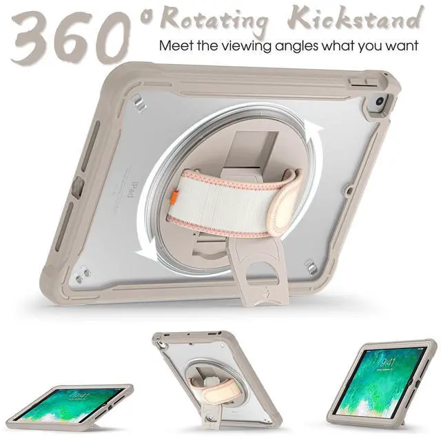 Alt view image 4 of 5 - BRAECNstock Case for iPad 6th/5th Generation 9.7 inch 2018/2017,ipad Air 2nd Generation & Pro 9.7 inch Cover for Kids with Pencil Holder,Screen Protector,360°Rotating Hand Strap&Kickstand-Khaki