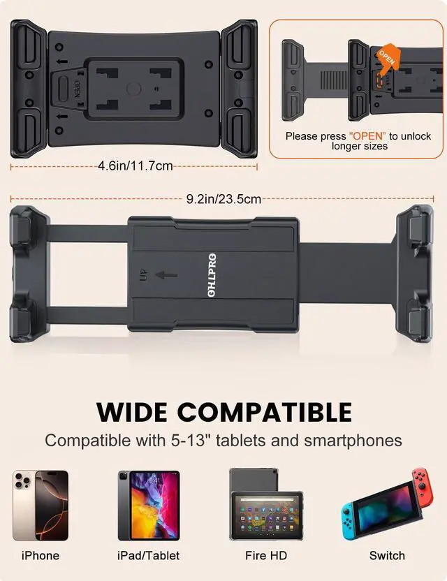 Alt view image 5 of 5 - OHLPRO Car Tablet Holder for iPad Headrest Mount, Aluminum Extendable Back Seat Stand Compatible with iPad Pro Air Mini | Galaxy Tab | Kindle Fire HD or Other 4.7-13" Devices, Road Trip for Kids
