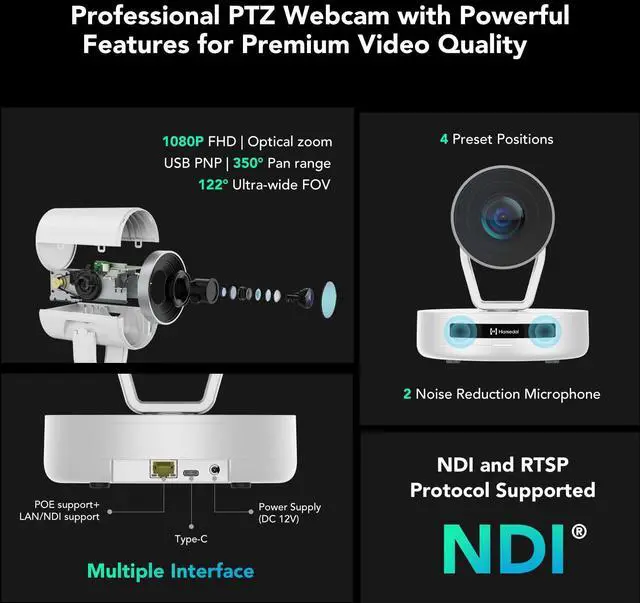Alt view image 2 of 5 - NUROUM V403 PTZ Camera, 5X Optical Room Video Conference Webcam, AI Noise Cancelling Microphones, 350° Pan&60° Tilt, 4 Preset Positions, 122° FOV, 1080P for Zoom/Teams/Google Meet