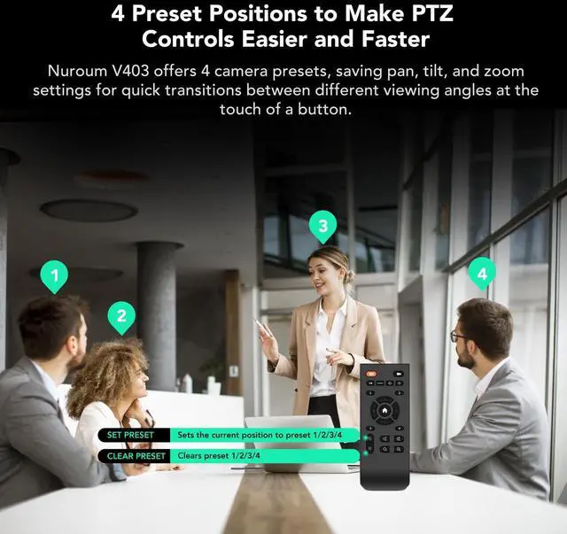 Alt view image 4 of 5 - NUROUM V403 PTZ Camera, 5X Optical Room Video Conference Webcam, AI Noise Cancelling Microphones, 350° Pan&60° Tilt, 4 Preset Positions, 122° FOV, 1080P for Zoom/Teams/Google Meet