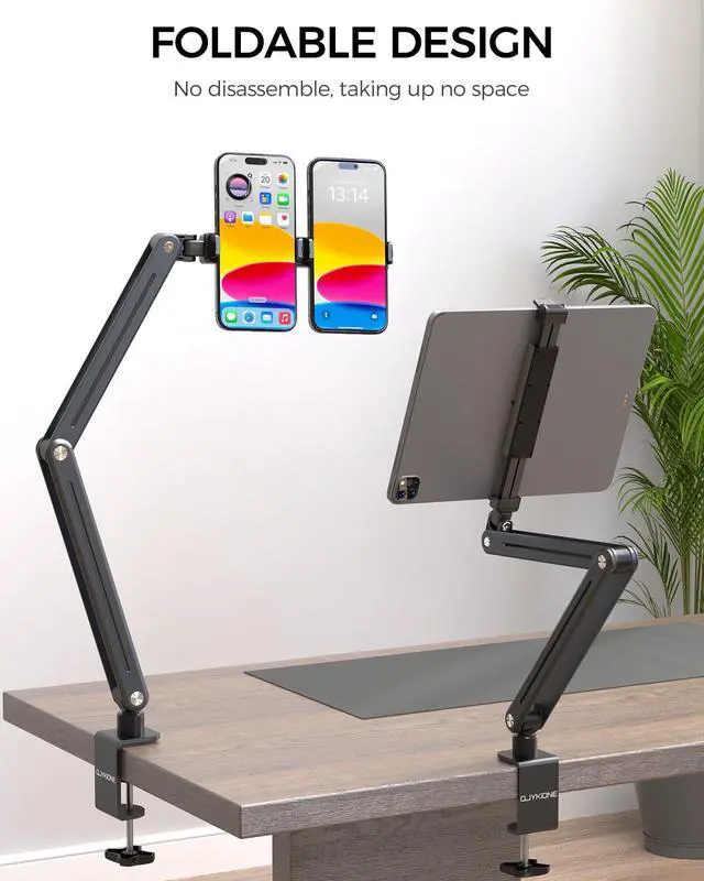 Alt view image 2 of 5 - QJYKIONE Foldable Tablet Stand for Desk and Bed, Aluminum Alloy iPad Arm Mount 360° Adjustable Phone Holder Compatible with iPad Pro Air 13/12.9/11 Mini, Samsung Galaxy Tab, Kindle, Switch, Phone
