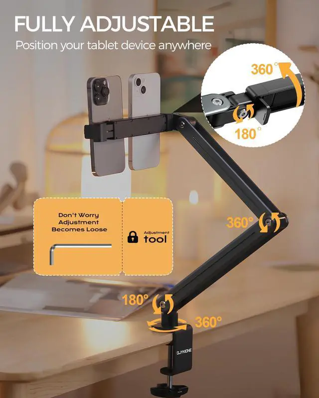 Alt view image 5 of 5 - QJYKIONE Foldable Tablet Stand for Desk and Bed, Aluminum Alloy iPad Arm Mount 360° Adjustable Phone Holder Compatible with iPad Pro Air 13/12.9/11 Mini, Samsung Galaxy Tab, Kindle, Switch, Phone