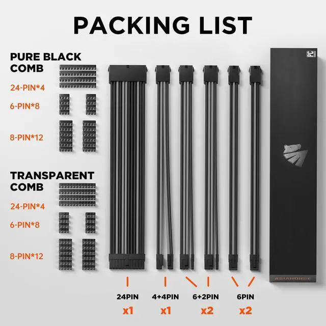 Alt view image 2 of 5 - ASIAHORSE Customization Mod Sleeve Extension Power Supply Cable Kit 18AWG ATX/EPS/8-pin PCI-E/6-pin PCI-E (Black Mix)