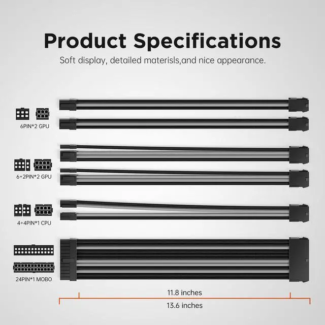 Alt view image 3 of 5 - ASIAHORSE Customization Mod Sleeve Extension Power Supply Cable Kit 18AWG ATX/EPS/8-pin PCI-E/6-pin PCI-E (Black Mix)