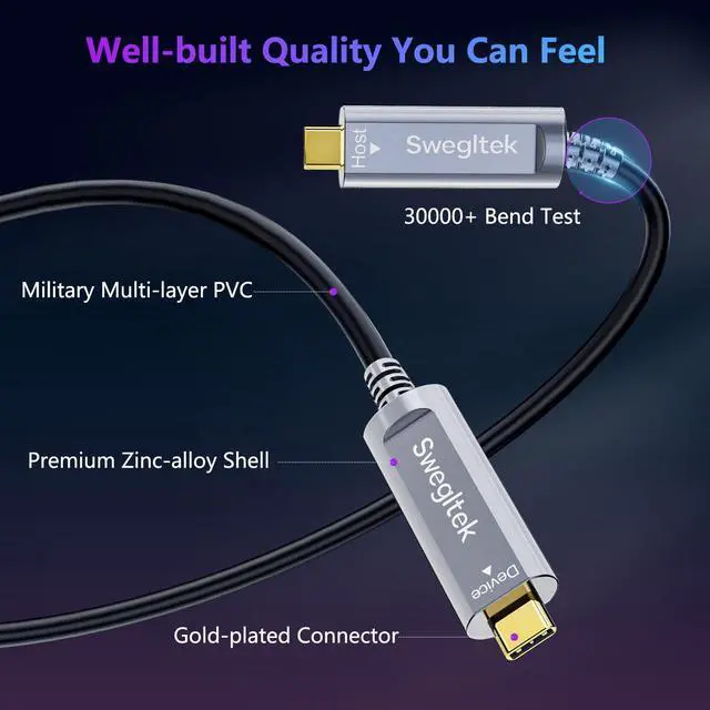 Alt view image 2 of 5 - swegltek Fiber Optic USB C Cable(33ft),10Gbps Active Optical Type C Gen3.2 Cable,Compatible with Cameras,Displays,Projectors,Webcams,Printer