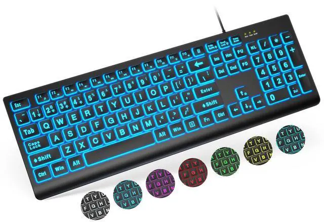 Main image of SABLUTE Large Print Backlit Keyboard, Wired USB Lighted Computer Keyboards with 7-Color & 4 Modes Backlit, Oversize Letters Keys Easy to See and Type, Keyboard Compatible for PC, Laptop