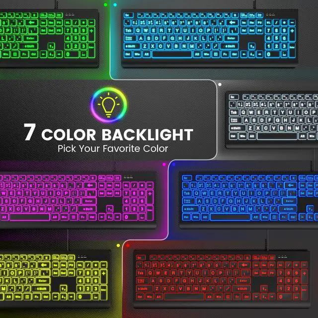 Alt view image 2 of 5 - SABLUTE Large Print Backlit Keyboard, Wired USB Lighted Computer Keyboards with 7-Color & 4 Modes Backlit, Oversize Letters Keys Easy to See and Type, Keyboard Compatible for PC, Laptop