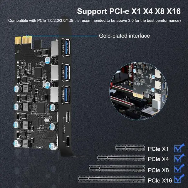 Alt view image 2 of 5 - PCIe Card (3xUSB-A, 2xUSB-C) 5-Port USB3.0 PCI Express Expansion Card PC Host Card 5Gbps for Windows 11/10/8/7/XP Linux and MAC OS 10.8.2 Above