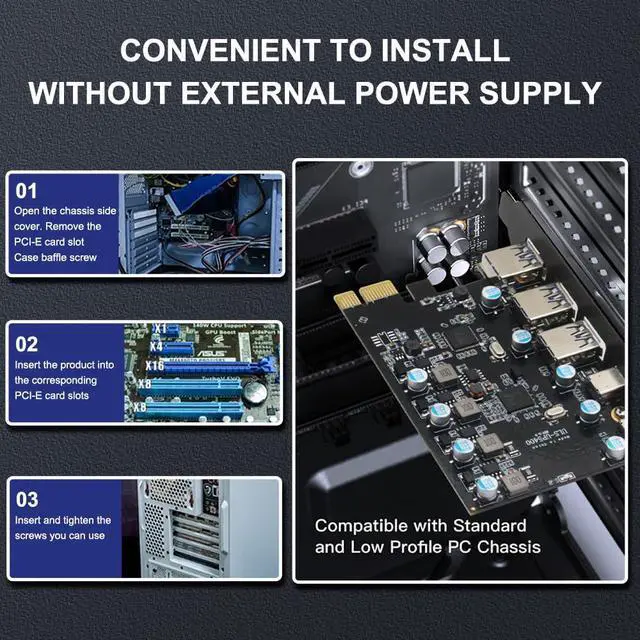 Alt view image 3 of 5 - PCIe Card (3xUSB-A, 2xUSB-C) 5-Port USB3.0 PCI Express Expansion Card PC Host Card 5Gbps for Windows 11/10/8/7/XP Linux and MAC OS 10.8.2 Above