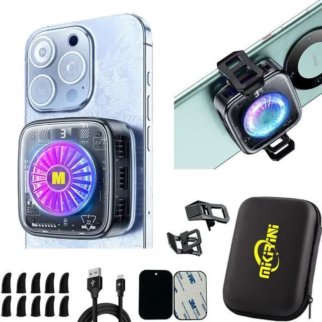 Main image of 15 in 1 Magnetic Phone Cooler Pro w/RGB LEDs, Detachable Grip, Thermostatic Cooling Fan for iPhone MagSafe/Android/iPad -Gaming/Streaming/Photography (Black Frame)