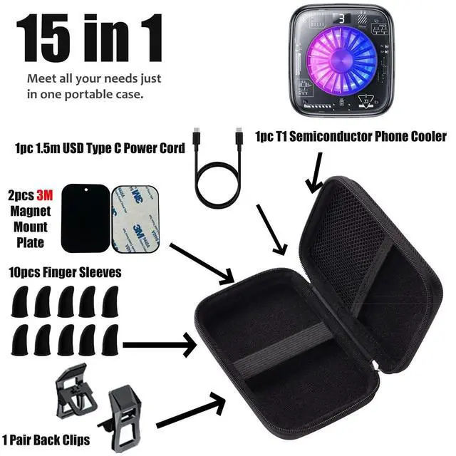 Alt view image 2 of 5 - 15 in 1 Magnetic Phone Cooler Pro w/RGB LEDs, Detachable Grip, Thermostatic Cooling Fan for iPhone MagSafe/Android/iPad -Gaming/Streaming/Photography (Black Frame)