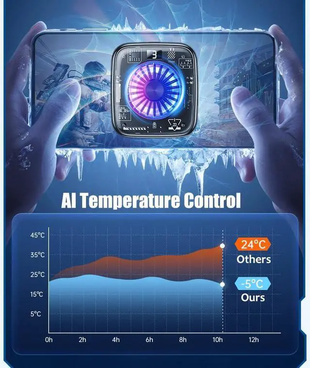 Alt view image 3 of 5 - 15 in 1 Magnetic Phone Cooler Pro w/RGB LEDs, Detachable Grip, Thermostatic Cooling Fan for iPhone MagSafe/Android/iPad -Gaming/Streaming/Photography (Black Frame)