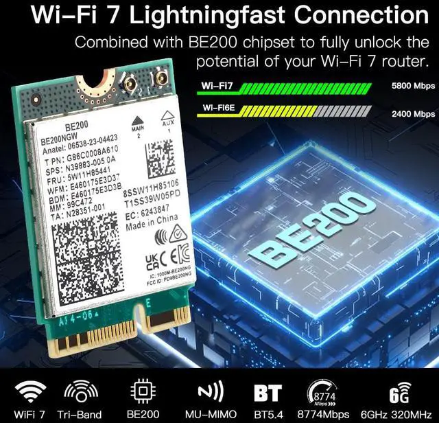 Alt view image 3 of 5 - BE200NGW WiFi 7 Wireless Card, M.2 NGFF,WiFi 7 BE200 Tri-Band Network Adapter with 8774Mbps Speed and BT5.4 WiFi Card for PC,Not Support AMD for Windows 10/11