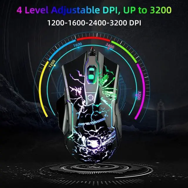 Alt view image 3 of 5 - RGB Light up Wired Gaming Mouse M728 for Computer - Durable USB Led Laptop Mice w/7 Color Backlit, 4 Adjust DPI Up to 3200 for Gaming, Silent & Stable PC Corded Mouse for Mac MacBook Windows Linux PS4