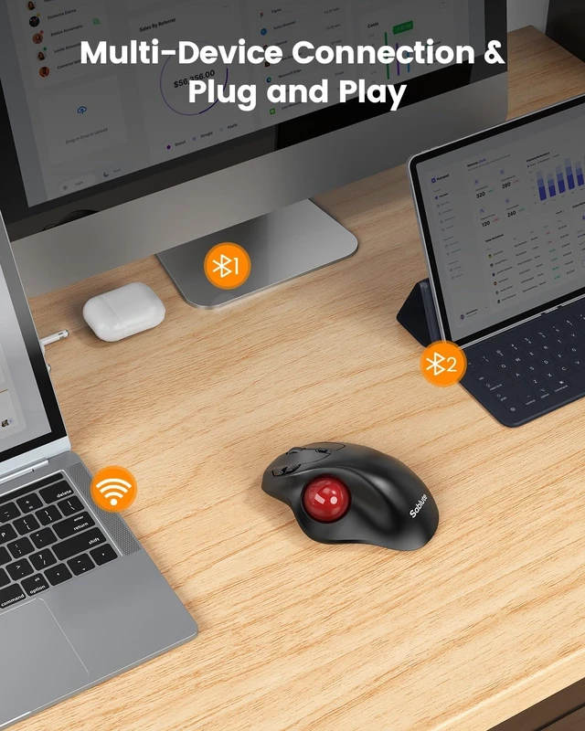 Alt view image 4 of 5 - SABLUTE Trackball Mouse with 5-Level DPI, Ergonomic Mouse Wireless 2.4G Plug-and-Play for 3 Devices
