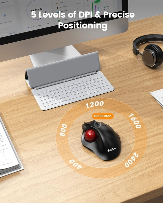 Alt view image 5 of 5 - SABLUTE Trackball Mouse with 5-Level DPI, Ergonomic Mouse Wireless 2.4G Plug-and-Play for 3 Devices