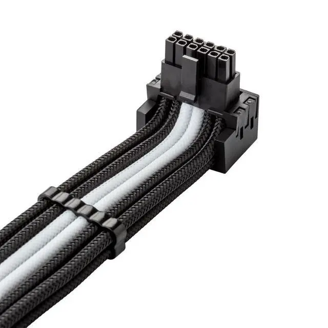 Alt view image 2 of 3 - CableMod E-Series Pro ModMesh Sleeved 12V-2x6 12VHPWR 90 StealthSense PCIe Cable for EVGA G/G+ / P/P+ / T - Variant B (Black + White, 16-pin to Quad 8-pin, 60cm)