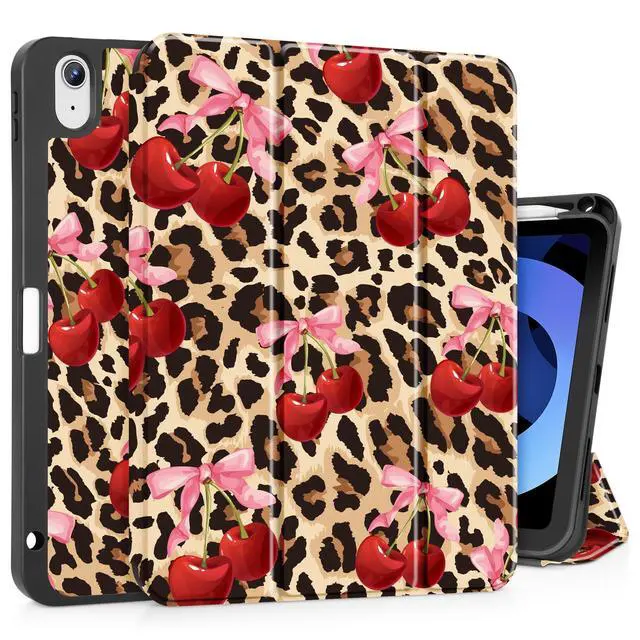 May Chen Case for iPad Air 11 inch (M3 2025/M2 2024) 7th/6th Gen/iPad Air 10.9 inch 5th/4th Gen, 2022 2020 Release with Pencel Hodel, Trifold Stand Auto Wake/Sleep Stand Back Cover, Cherry&Cheetah