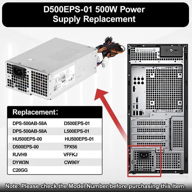 Alt view image 3 of 5 - LXun Upgrad L500EPS-01 D500EPS-01 500W Power Supply Compatible with Dell XPS 8950 Vostro 3901 3910 Inspiron 3910 D12 Latitude D500 Optiplex 7000MT DPS-500AB-58A HU500EPS-00 HU500EPS-01 VFFKJ DYW3N