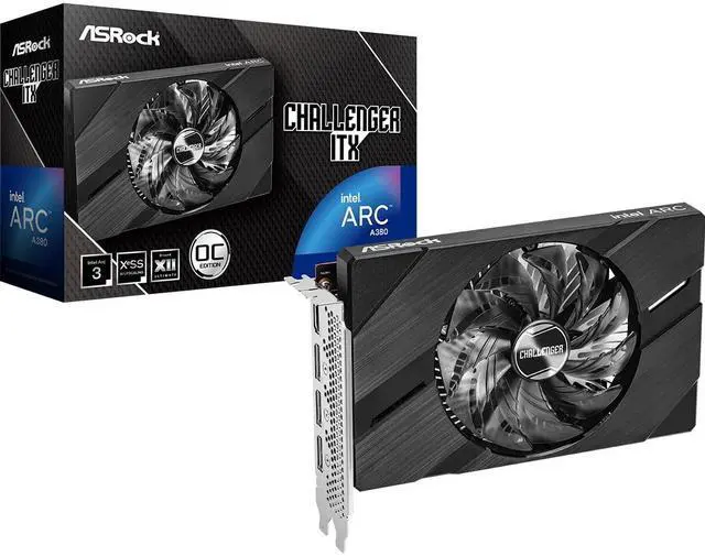 Main image of ASRock Intel Arc A380 Challenger ITX 6GB OC, 2250MHz GPU, 6GB GDDR6 96-bit, PCIe 4.0, Single Fan, 0dB Silent, DP 2.0, HDMI 2.0b