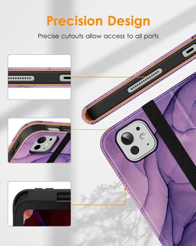 Alt view image 3 of 5 - DTTO for iPad Pro 11 inch Case (M5/M4) 2025/2024, Premium Leather Business Folio Stand Cover with Pencil Holder - Auto Wake/Sleep and Multiple Viewing Angles, Purple Marble