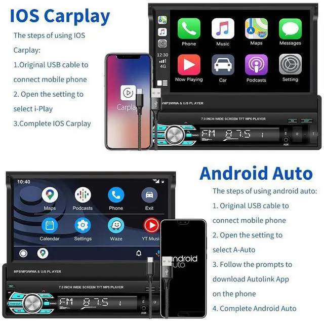 Alt view image 2 of 5 - (Stable) Hikity 7 Inch Single Din Carplay Car Stereo, Flip Out Touch Screen Car Radio with Wireless Carplay Android Auto, Bluetooth/Mirror Link/Backup Camera, FM/USB/SWC, Voice Control Split Sc