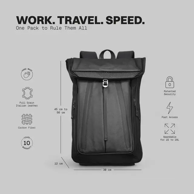 Alt view image 2 of 5 - The Frenchie Co. - Work/Travel Speed Backpack - Expandable 23-30 L Laptop Pack - Anti-theft magnetic closure - Ballistic nylon body with full-grain Italian leather trim
