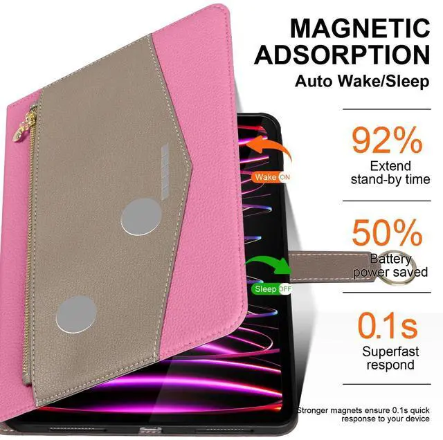 Alt view image 5 of 5 - XFYKJIN for iPad Pro 11 inch Case 2018-2022 Models, Premium Microfiber Leather Protective Cover with Zippered Pocket, Buckle Closure,Auto Wake/Sleep & Stand (Pink with Grey)