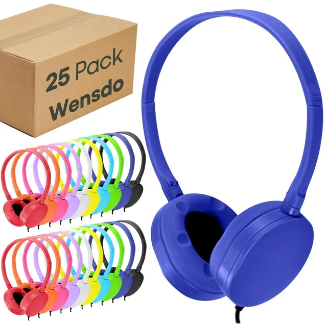 Main image of Wensdo Kids Headphone Bulk 25 Pack Multi Color for Classroom School, Wholesale Durable Earphones Class Set for Students Teens Children and Adult (HY104,25 Mixed)