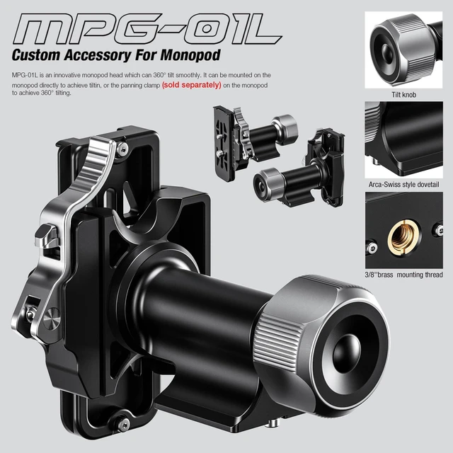Alt view image 2 of 5 - Leofoto Monopod Gimbal Head, 360 Tilt Birdwatching Photography Head for Monopods, 3/8" Mounting Hole and Arca-Type Quick Release Clamp for Panning Clamp/L Plate, Max Load to 10kg/22.05lb (MPG-01L)