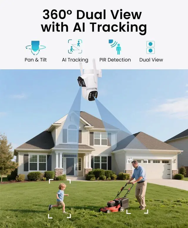 Alt view image 3 of 5 - CasaCam Solar Security Camera ^^ Outdoor Wireless, 2K+2K Dual Lens ^^ Battery Powered, Dual PIR Sensors, Auto Tracking, 2.4G/5G WiFi, Color Night Vision, No Monthly Fee, SD & Cloud Storage, WS2